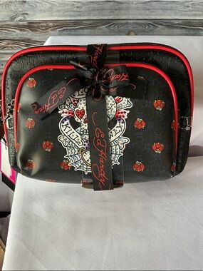 Ed Hardy 2PC Cosmetic Bag Set Skull Hearts Black Red NWT